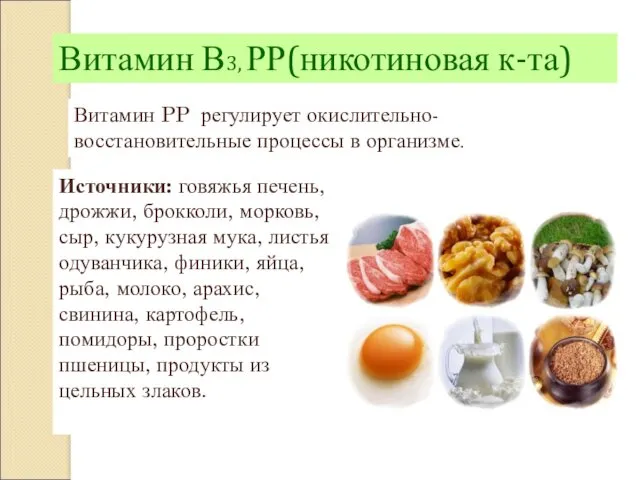 Витамин В3, РР(никотиновая к-та) Витамин PP регулирует окислительно-восстановительные процессы в