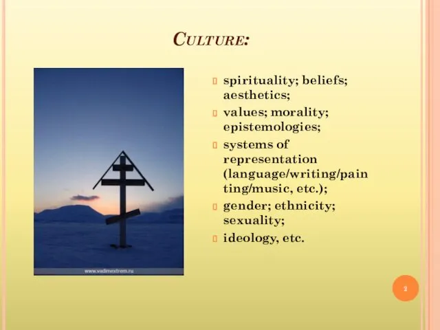 Culture: spirituality; beliefs; aesthetics; values; morality; epistemologies; systems of representation (language/writing/painting/music, etc.); gender;