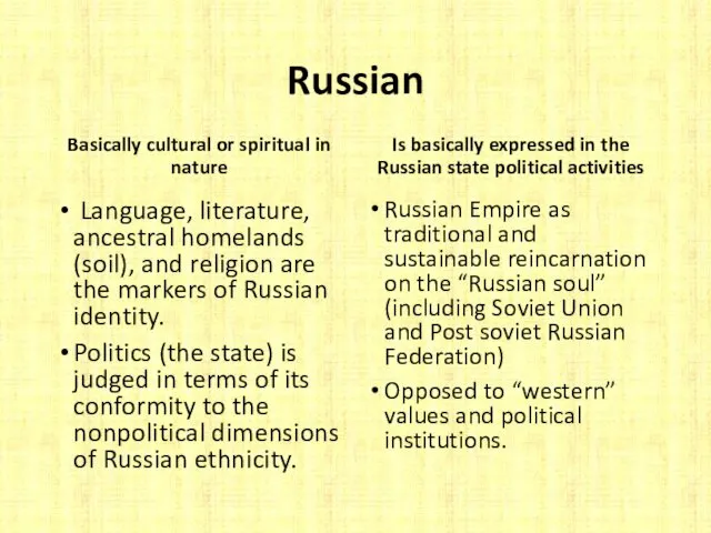 Russian Basically cultural or spiritual in nature Language, literature, ancestral homelands (soil), and