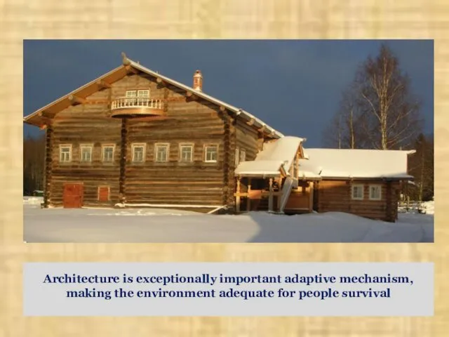 Architecture is exceptionally important adaptive mechanism, making the environment adequate for people survival
