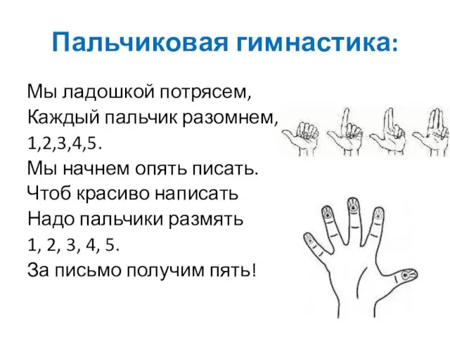Пальчиковая гимнастика: Мы ладошкой потрясем, Каждый пальчик разомнем, 1,2,3,4,5. Мы