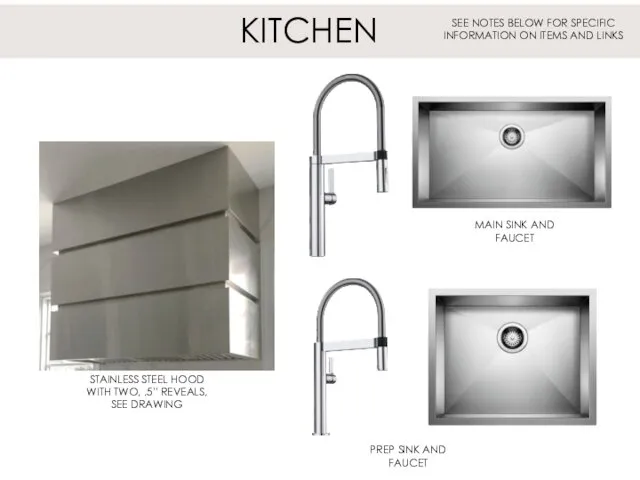 KITCHEN STAINLESS STEEL HOOD WITH TWO, .5” REVEALS, SEE DRAWING MAIN SINK AND