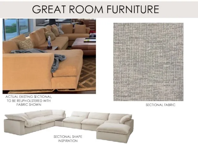 GREAT ROOM FURNITURE SECTIONAL SHAPE INSPIRATION ACTUAL EXISTING SECTIONAL, TO BE REUPHOLSTERED WITH