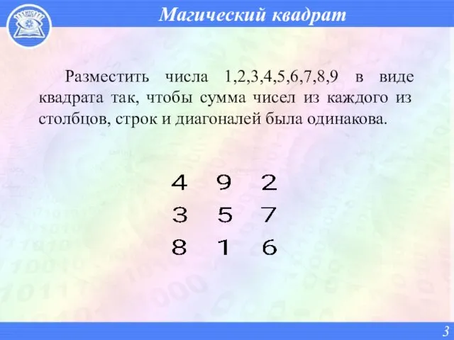 Магический квадрат Разместить числа 1,2,3,4,5,6,7,8,9 в виде квадрата так, чтобы