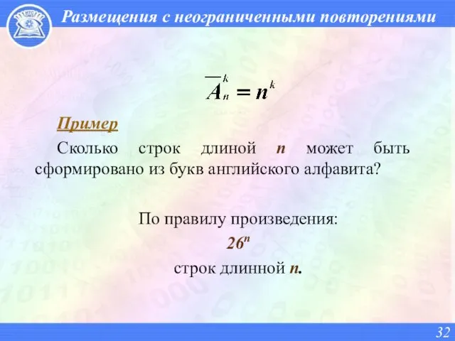 Размещения с неограниченными повторениями Пример Сколько строк длиной n может