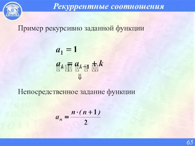 Рекуррентные соотношения Пример рекурсивно заданной функции Непосредственное задание функции