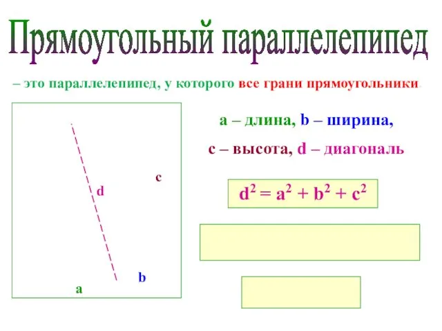 Прямоугольный параллелепипед – это параллелепипед, у которого все грани прямоугольники.