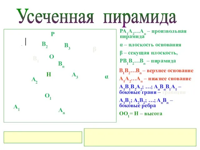 PA1A2…An – произвольная пирамида α – плоскость основания β – секущая плоскость, PB1B2…Bn