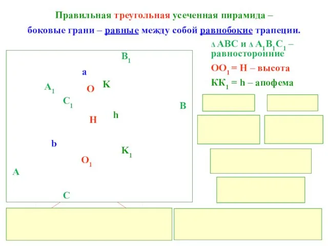 Правильная треугольная усеченная пирамида – боковые грани – равные между собой равнобокие трапеции.