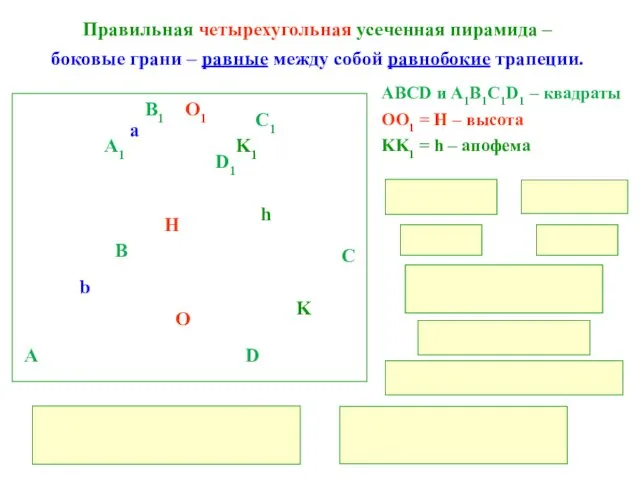 Правильная четырехугольная усеченная пирамида – боковые грани – равные между собой равнобокие трапеции.