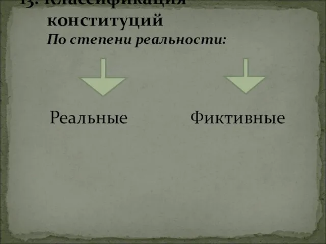 13. Классификация конституций По степени реальности: Реальные Фиктивные