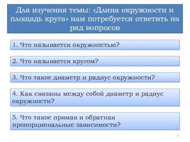 Для изучения темы: «Длина окружности и площадь круга» нам потребуется ответить на ряд