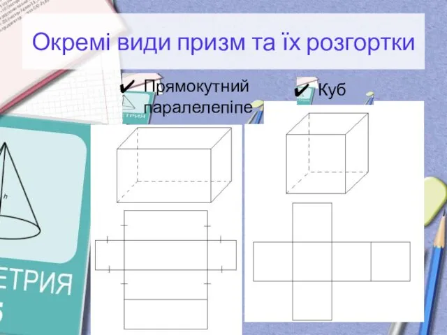 Окремі види призм та їх розгортки Прямокутний паралелепіпед Куб