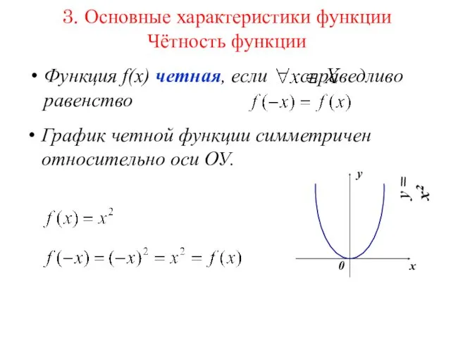 3. Основные характеристики функции Чётность функции Функция f(x) четная, если