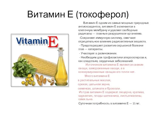 Витамин Е (токоферол) Витамин Е одним из самых мощных природных антиоксидантов, витамин Е