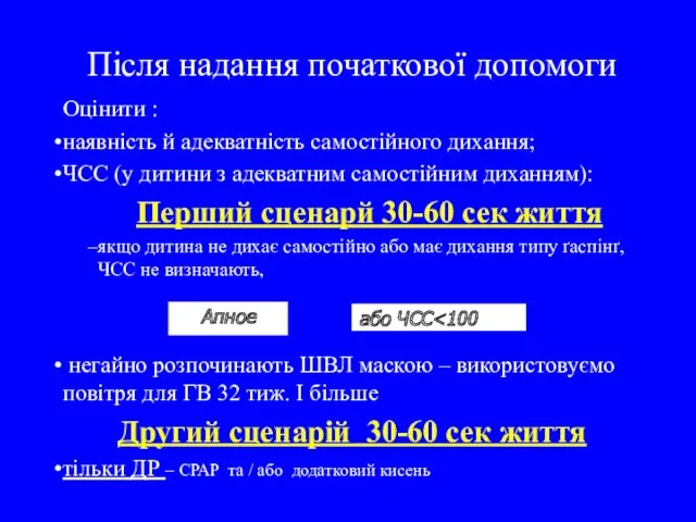 Після надання початкової допомоги Оцінити : наявність й адекватність самостійного