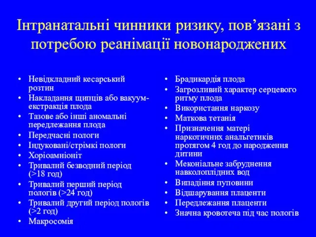 Інтранатальні чинники ризику, пов’язані з потребою реанімації новонароджених Невідкладний кесарський