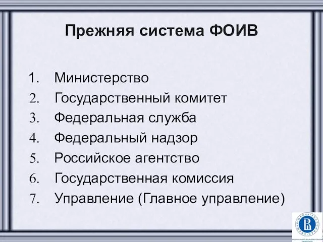 Прежняя система ФОИВ Министерство Государственный комитет Федеральная служба Федеральный надзор