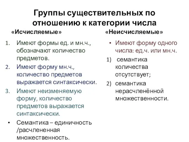 Группы существительных по отношению к категории числа «Исчисляемые» Имеют формы