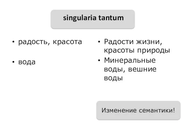 singularia tantum радость, красота вода Радости жизни, красоты природы Минеральные воды, вешние воды Изменение семантики!