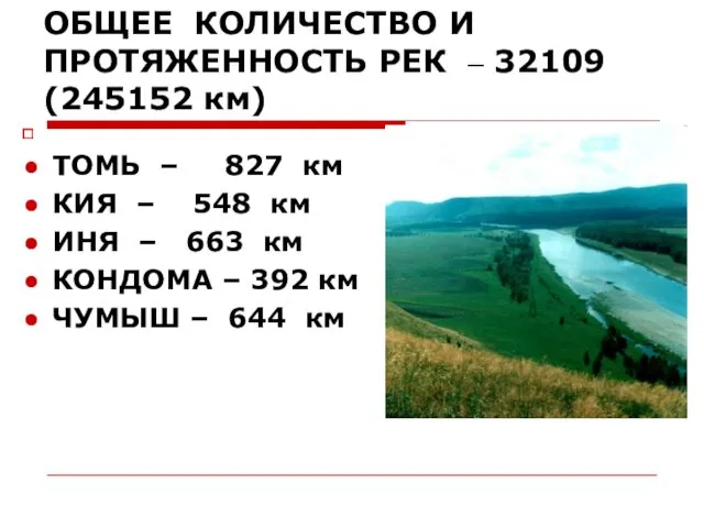 ОБЩЕЕ КОЛИЧЕСТВО И ПРОТЯЖЕННОСТЬ РЕК – 32109 (245152 км) ТОМЬ