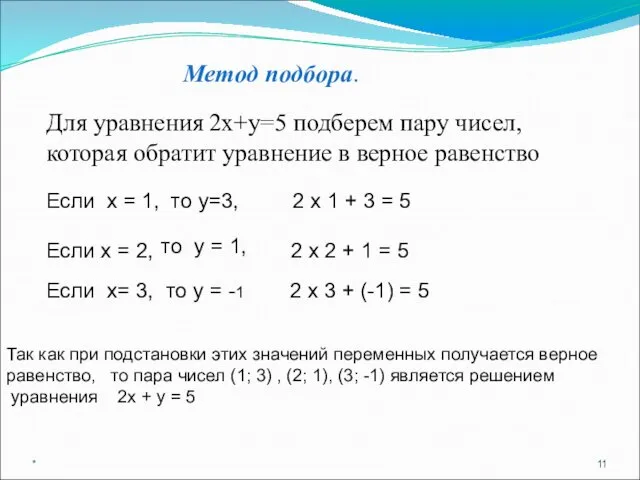 Метод подбора. Для уравнения 2х+у=5 подберем пару чисел, которая обратит