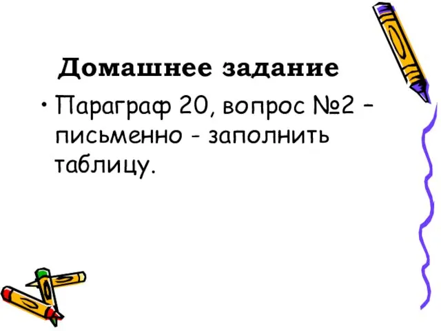 Домашнее задание Параграф 20, вопрос №2 – письменно - заполнить таблицу.