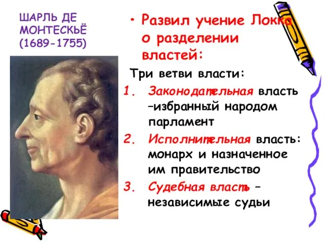 ШАРЛЬ ДЕ МОНТЕСКЬЁ(1689-1755) Развил учение Локка о разделении властей: Три