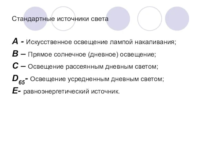 Стандартные источники света А - Искусственное освещение лампой накаливания; В
