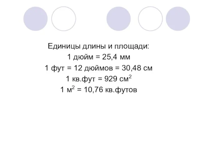 Единицы длины и площади: 1 дюйм = 25,4 мм 1