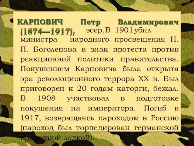 Петр Владимирович КАРПОВИЧ (1874—1917), эсер. В 1901 убил министра народного