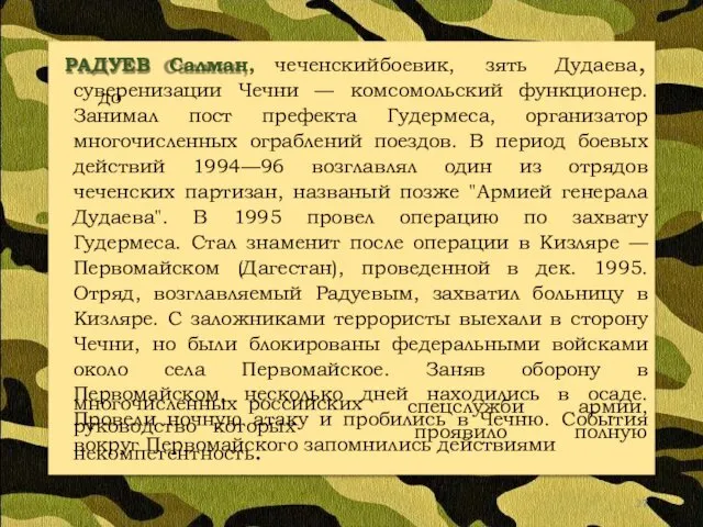 РАДУЕВ Салман, чеченский боевик, зять Дудаева, до суверенизации Чечни —