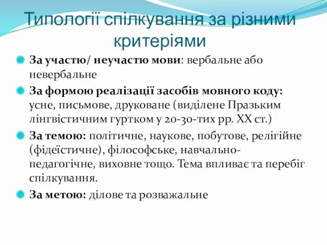 Типології спілкування за різними критеріями За участю/ неучастю мови: вербальне