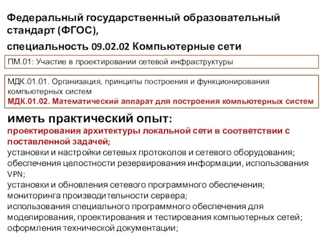 Федеральный государственный образовательный стандарт (ФГОС), ПМ.01: Участие в проектировании сетевой