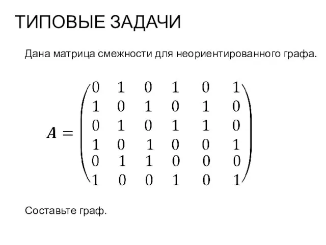 ТИПОВЫЕ ЗАДАЧИ Дана матрица смежности для неориентированного графа. Составьте граф.