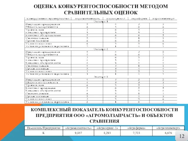 ОЦЕНКА КОНКУРЕНТОСПОСОБНОСТИ МЕТОДОМ СРАВНИТЕЛЬНЫХ ОЦЕНОК КОМПЛЕКСНЫЙ ПОКАЗАТЕЛЬ КОНКУРЕНТОСПОСОБНОСТИ ПРЕДПРИЯТИЯ ООО «АГРОМОЛЗАПЧАСТЬ» И ОБЪЕКТОВ СРАВНЕНИЯ 12