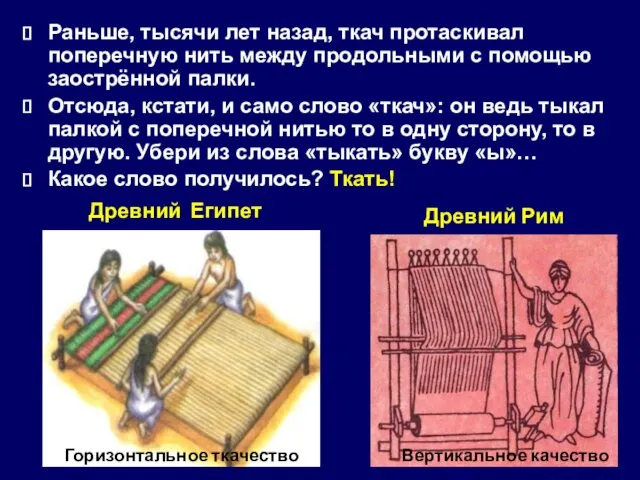 Раньше, тысячи лет назад, ткач протаскивал поперечную нить между продольными