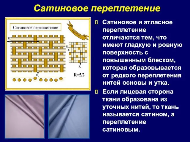 Сатиновое переплетение Сатиновое и атласное переплетение отличаются тем, что имеют