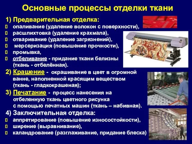 1) Предварительная отделка: опаливание (удаление волокон с поверхности), расшлихтовка (удаление