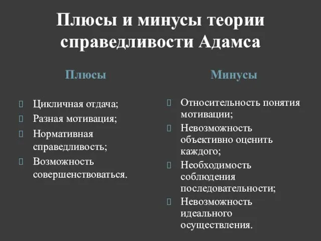 Плюсы и минусы теории справедливости Адамса Плюсы Минусы Цикличная отдача;