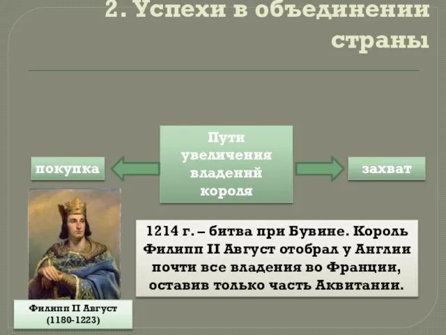 2. Успехи в объединении страны Пути увеличения владений короля покупка захват 1214 г.
