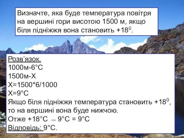 Визначте, яка буде температура повітря на вершині гори висотою 1500