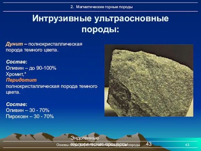 Эндогенные геологические процессы Основы петрографии. Магматические горные породы Интрузивные ультраосновные