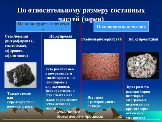 Эндогенные геологические процессы По относительному размеру составных частей (зерен) Полнокристаллические