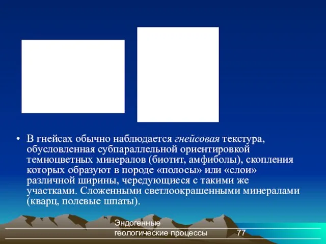 Эндогенные геологические процессы В гнейсах обычно наблюдается гнейсовая текстура, обусловленная