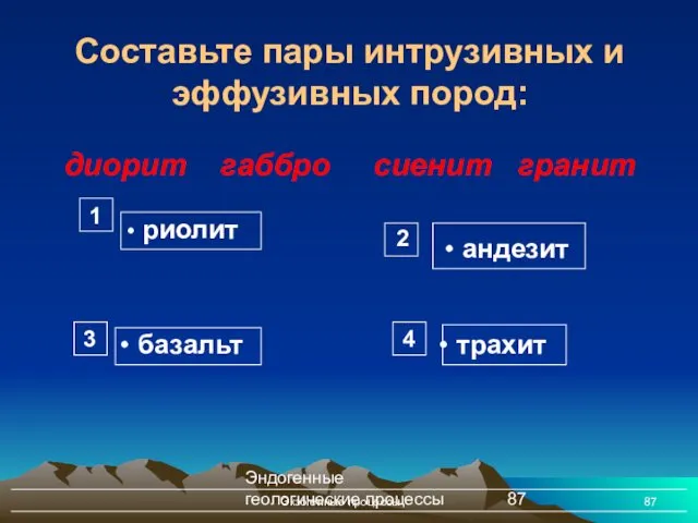 Эндогенные геологические процессы Экзогенные процессы Составьте пары интрузивных и эффузивных