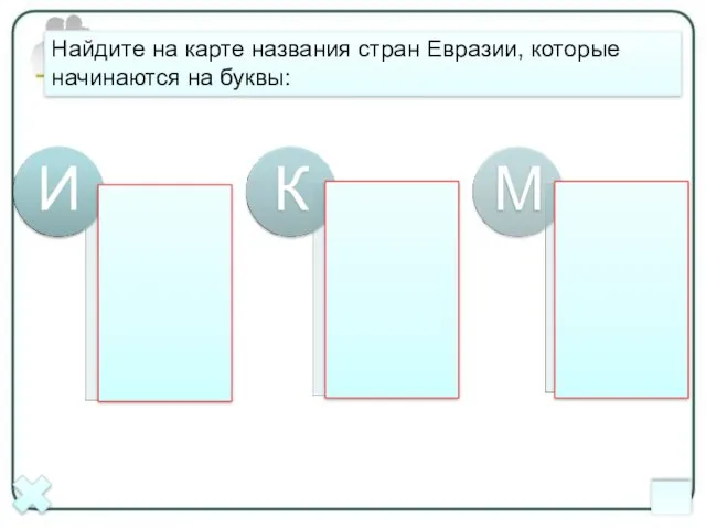 Найдите на карте названия стран Евразии, которые начинаются на буквы: