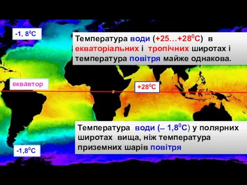 еквавтор +280С -1,80С Температура води (+25…+280С) в екваторіальних і тропічних