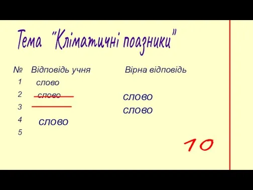 Тема ˝Кліматичні поазники" 10 слово слово слово