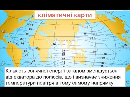 кліматичні карти Кількість сонячної енергії загалом зменшується від екватора до